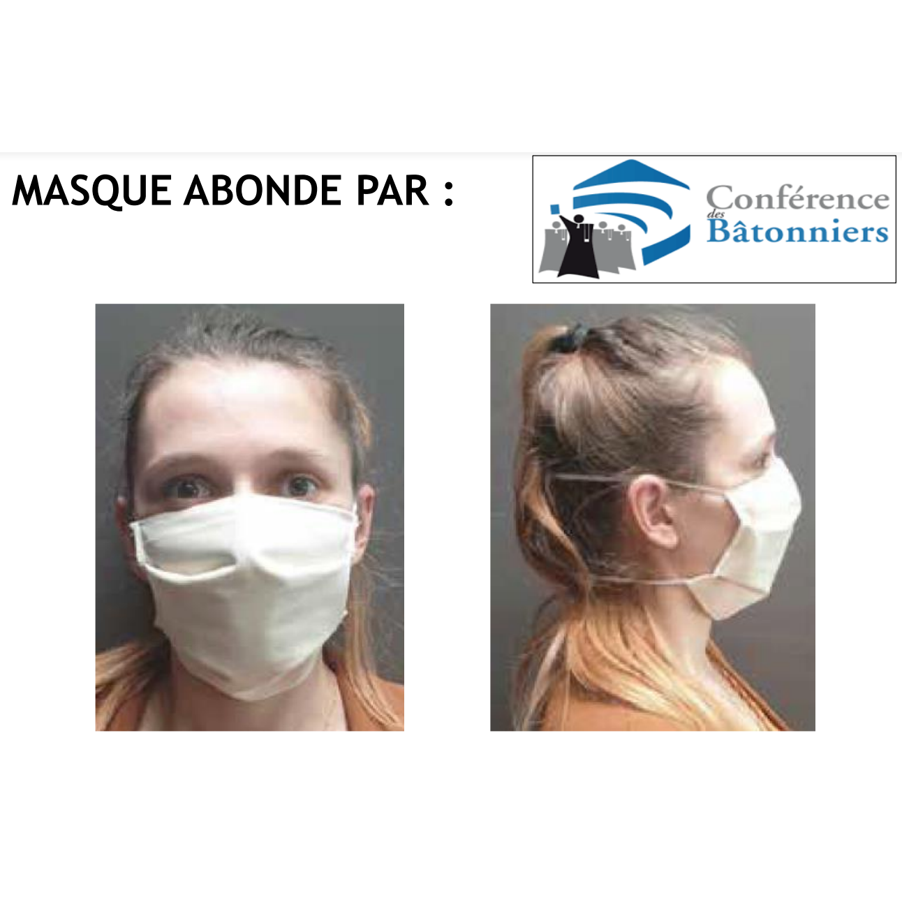 MASQUE EN TISSU "ABONDE PAR LA CONFERENCE DES BATONNIERS" - lavable réutilisable 20 fois
