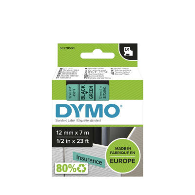 CASSETTE DYMO 12MM TEXTE NOIR/FOND VERT