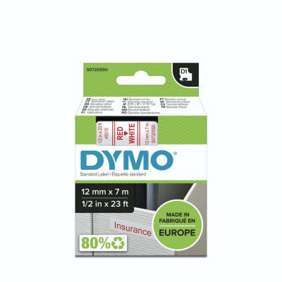 CASSETTE DYMO 12MM TEXTE ROUGE/FD BLANC