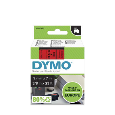 CASSETTE DYMO 9MM TEXTE NOIR/FOND ROUGE