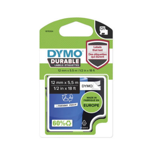 DYMO Cassette de ruban à étiqueter D1 noir/blanc,12mm x 5,5m