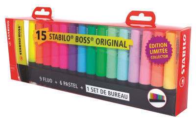 Surligneurs STABILO BOSS ORIGINAL Fluo & Pastel - Set de bureau de 15  Surligneur Fluo pastel assortis